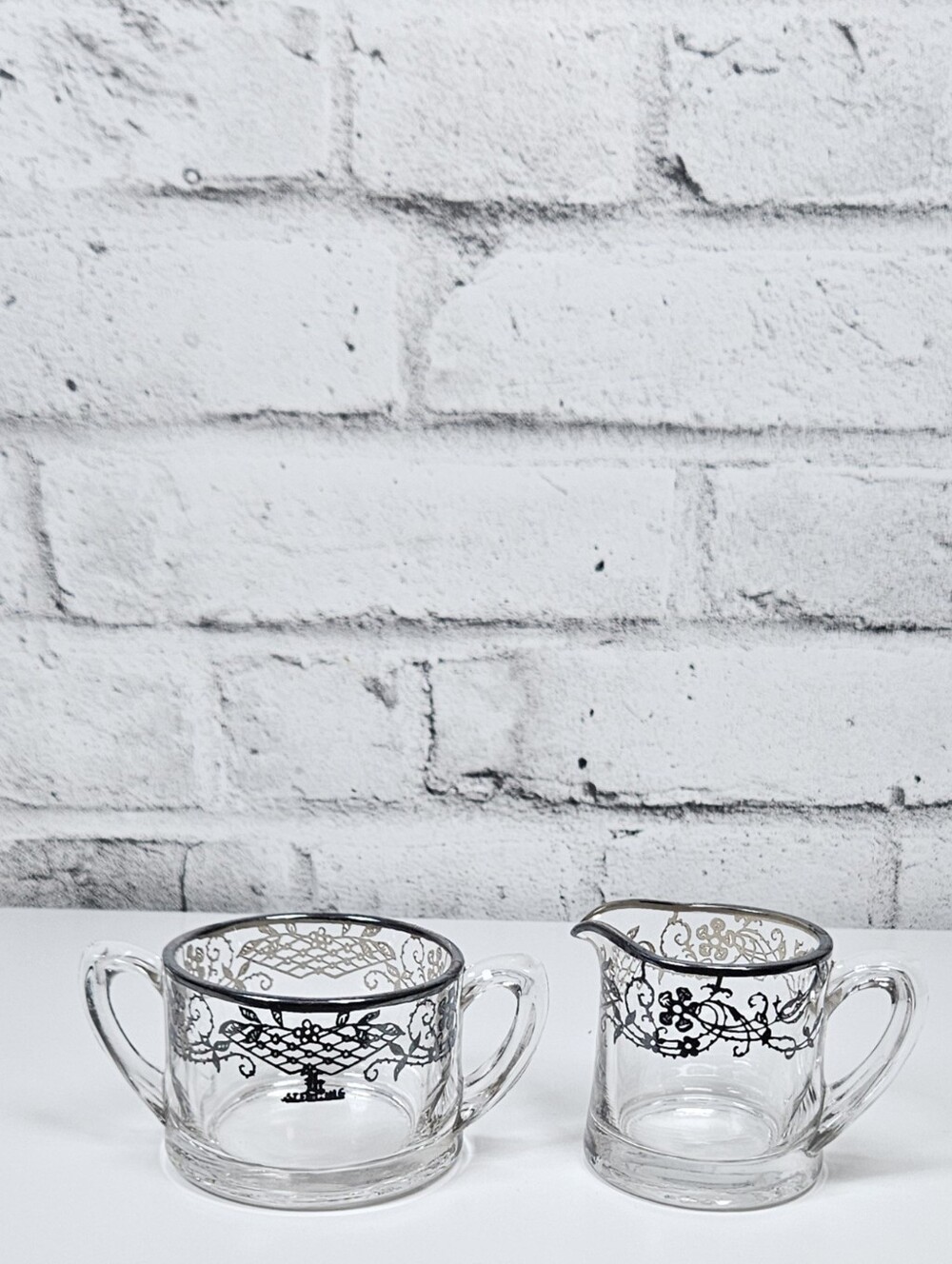 Vintage Clear Glass Sugar Bowl Creamer Set Black Silver Floral Filigree